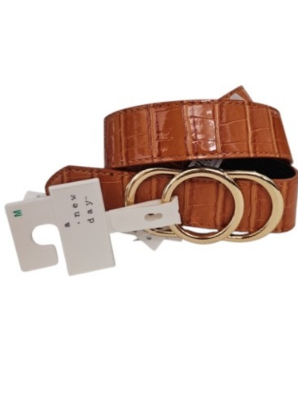 A New Day Faux Croc Belt Womenโs M Cognac Brown Gold Triple Ring NWT Preppy